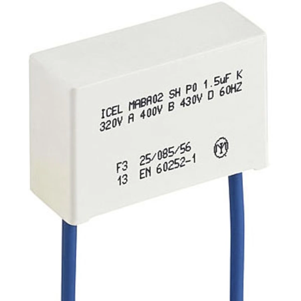 Kondensator mit Aufschrift 'ICEL MAB02 SH P0 1,5uF K 320V A 400V B 430V D 60HZ'.Geeignet für elektrische Schaltungen.